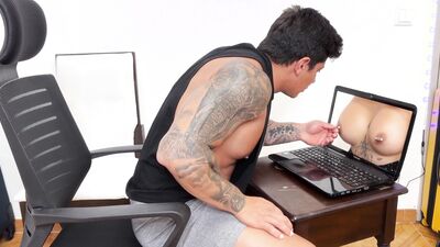 Pornstar steps out of the computer screen to please her horny fan