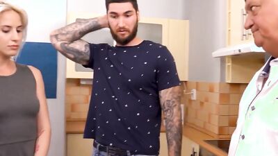 DADDY4K. Blonde has sex with BFs dad while her man is buying olive oil (Old Man)