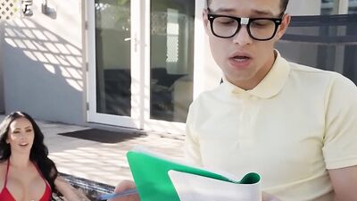 BANGBROS - Danae Mari Convinces Her Nerdy Stepson To Put Some Oil On Her Perfect Round Tits