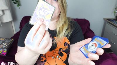 Blonde gamer joins behind the scenes of a Pokemon Card Unboxing with nerdy cosplay girl Julie Bliss