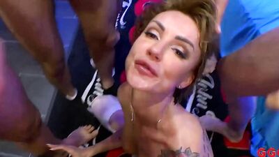 Frida Sante & Luca Ferrero get their tight assholes stretched by a group of horny guys in a wild gangbang