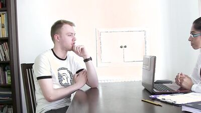 Naughty British MILF interviewee Sam Bourne and Chris Cobalt get double-stuffed by two hard cocks