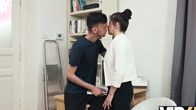 Nerdy MILF gets her natural tits and hard pussy pounded by a cougar