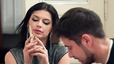 Watch this busty German brunette get a facial in HD with her huge tits bouncing