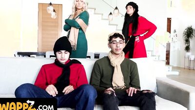 Stepmoms Bunny Madison & Mona Azar get naughty with their stepson's friend & their big dicks