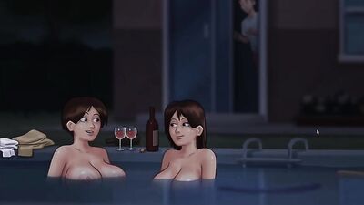 Stepmom and StepAunt caught in the act by stepbro in pool party, fucked hard