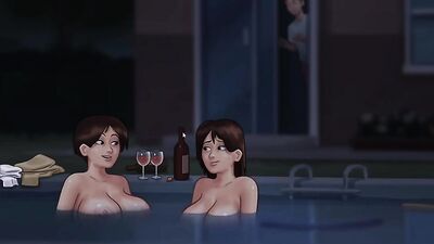 Stepmom and StepAunt caught in the act by stepbro in pool party, fucked hard