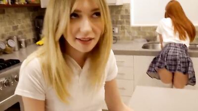 Blonde babe gets off on a hot threesome with her friend and gets a messy cumshot