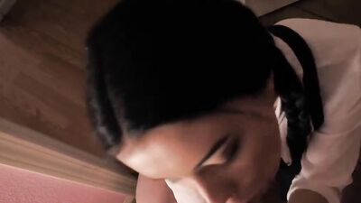 Stepbro gets pigtailed teen to school for a bj
