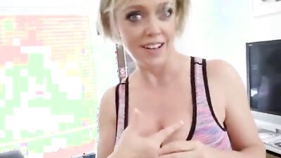 Hot Mom with very Big Boobs Asks Stepson for help with Yoga Exercise