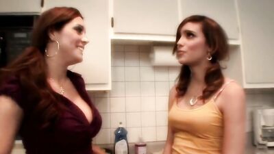 Busty MILF teaches young brunette how to cook and more