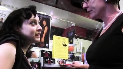 MILF in Glasses Plays with her Stepdaughter's Pussy in the Shop