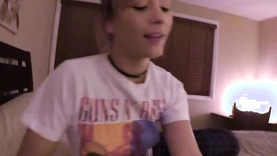 Pretty blonde gives handjob and gets jizz over her titties