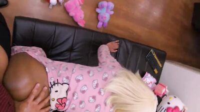 Ebony girl is fucked by stepdad through a hole on her pajamas