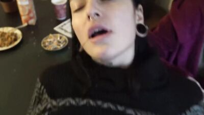 Two drunk girls are blowing a stranger at the party