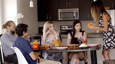 Slutty girl goes under the table to blow that man on the lunch