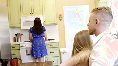 Slutty blonde girl Haley Reed blows stepdaddy behind mommy's back
