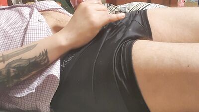 RED WATCH GUY BIG COCK INSIDE BLACK GLOSSY BOXERS SUGAR DADDY IS JERKING OFF