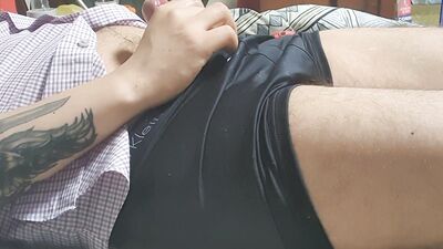 RED WATCH GUY BIG COCK INSIDE BLACK GLOSSY BOXERS SUGAR DADDY IS JERKING OFF
