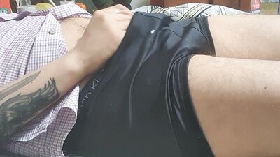 RED WATCH GUY BIG COCK INSIDE BLACK GLOSSY BOXERS SUGAR DADDY IS JERKING OFF