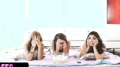 Perv bro checks his stepsister & her friends