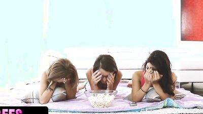 Perv bro checks his stepsister & her friends