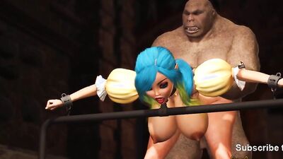Big monster bangs a cuffed fantasy girl elf in the dungeon