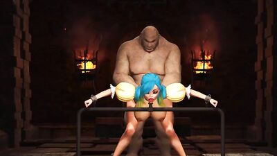 Big monster bangs a cuffed fantasy girl elf in the dungeon