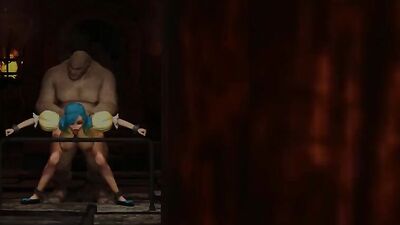 Big monster bangs a cuffed fantasy girl elf in the dungeon