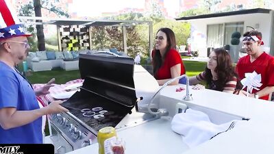 Family Strokes - Busty Stepmom And Her Sexy Stepdaughter Take Turns Riding Step Brother's Cock