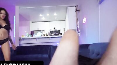 Dad Crush - Hot Tattooed Girl Takes Off Her New Slutty Outfit For Stepdad And Bangs Him On The Couch