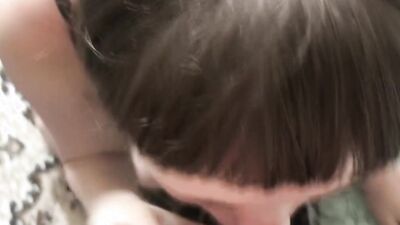 Brunette stepsister with nice tits sucks a cock
