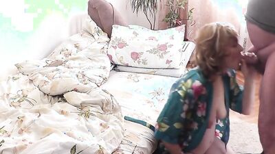 Blowjob for stepdad. When husband is away. Husband went to work, wife in bedroom sucks cock of stepdad. Cum in mouth