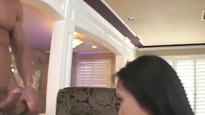 Chubby Asian MILF blows that fellow and rides him on the couch