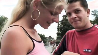 Blonde blows a guy outside and rides his hard cock