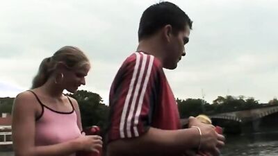 Blonde blows a guy outside and rides his hard cock