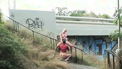 Blonde blows a guy outside and rides his hard cock