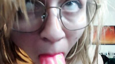 Nerdy girl spreads legs and drills pussy with a sex toy