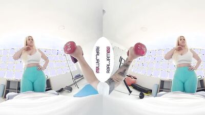 Busty Blondie Fesser is riding a lucky chap's sausage in a VR