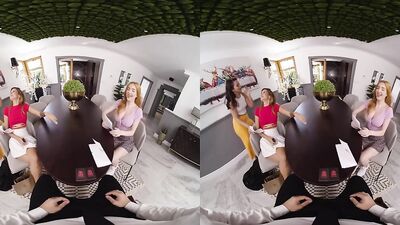 Smoking hot babes are riding lucky stud's prick in a VR