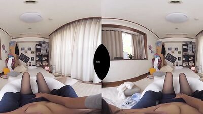 Cute brunette doll is playing with lad's prick in this VR