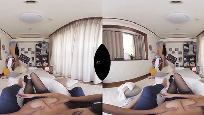 Cute brunette doll is playing with lad's prick in this VR