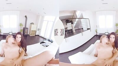 Two smoking hot babes ride lucky fellow's prick in a VR