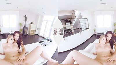 Two smoking hot babes ride lucky fellow's prick in a VR