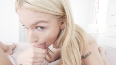 Pretty blonde sucks a hard dick and gets fucked from behind