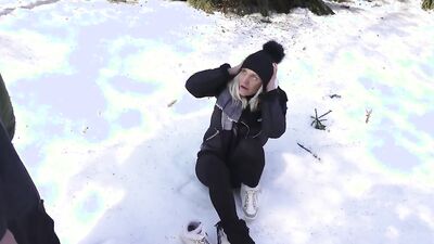 Busty blonde babe is getting fucked hard inside the winter cabin