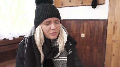 Busty blonde babe is getting fucked hard inside the winter cabin