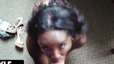 Ebony secretary Naomi Foxxx bends over that table to get cock