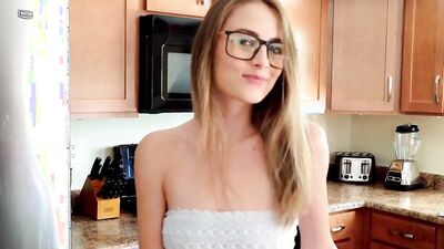 Nerdy gil plays with a cucumber before being fucked by a stepbrother