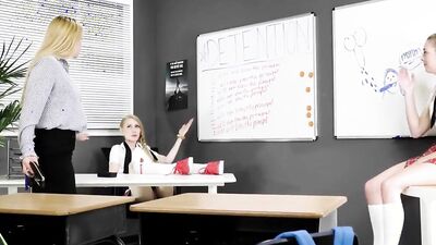 Three naughty secretaries are licking wet pussies in the office